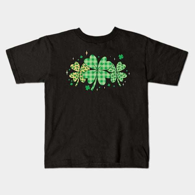 Lucky Leaf Clover Leopard Plaid Kids T-Shirt by Skinite